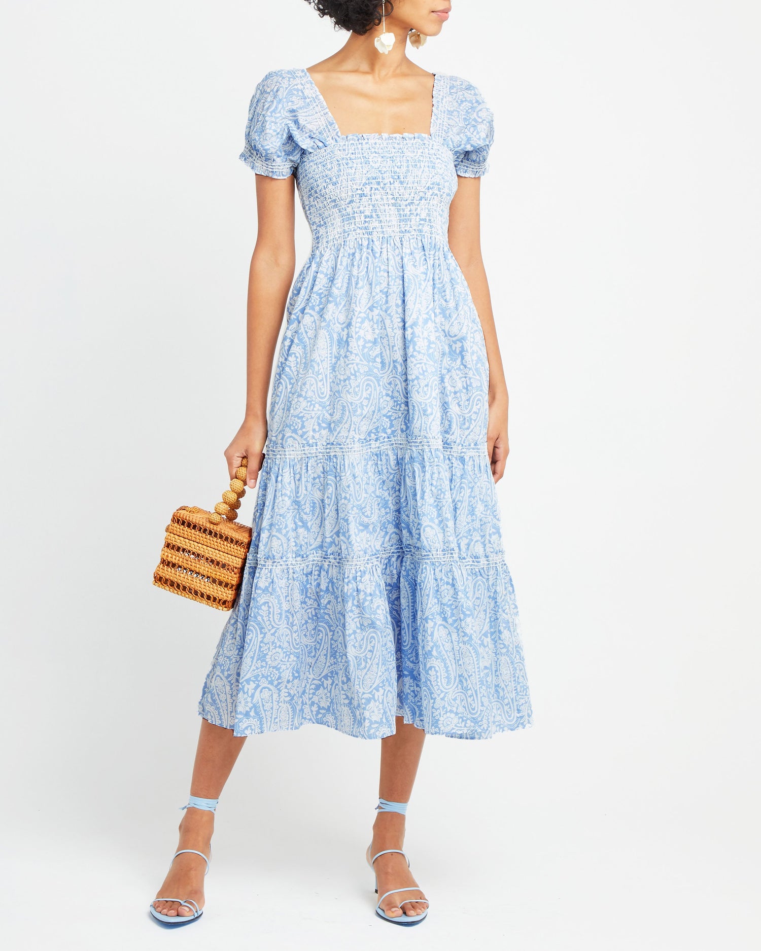 First image of Square Neck Smocked Maxi Dress, a blue maxi dress, smocked, puff sleeves, short sleeves, floral