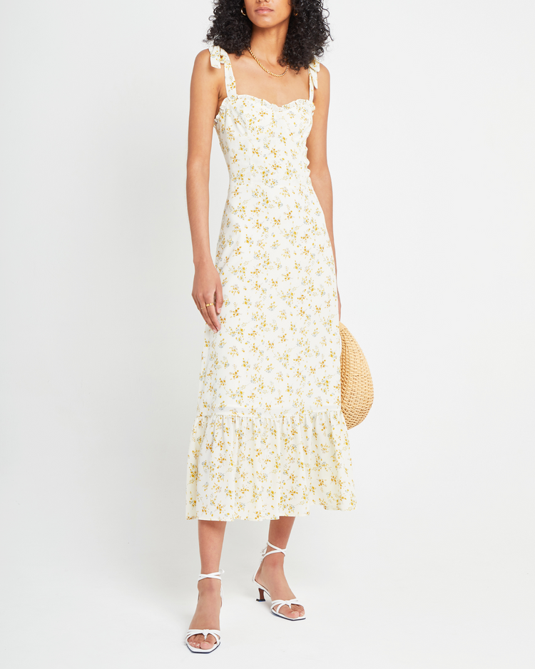 First image of Toile de Jouy Dress, a yellow midi dress,  ribbons, tie straps, chiffon, bodice, ruffle