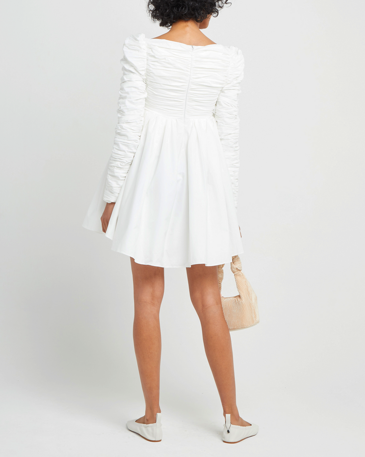 Second image of Structured Long-Sleeve Frock, a white mini dress, babydoll, long ruched sleeves, square neckline