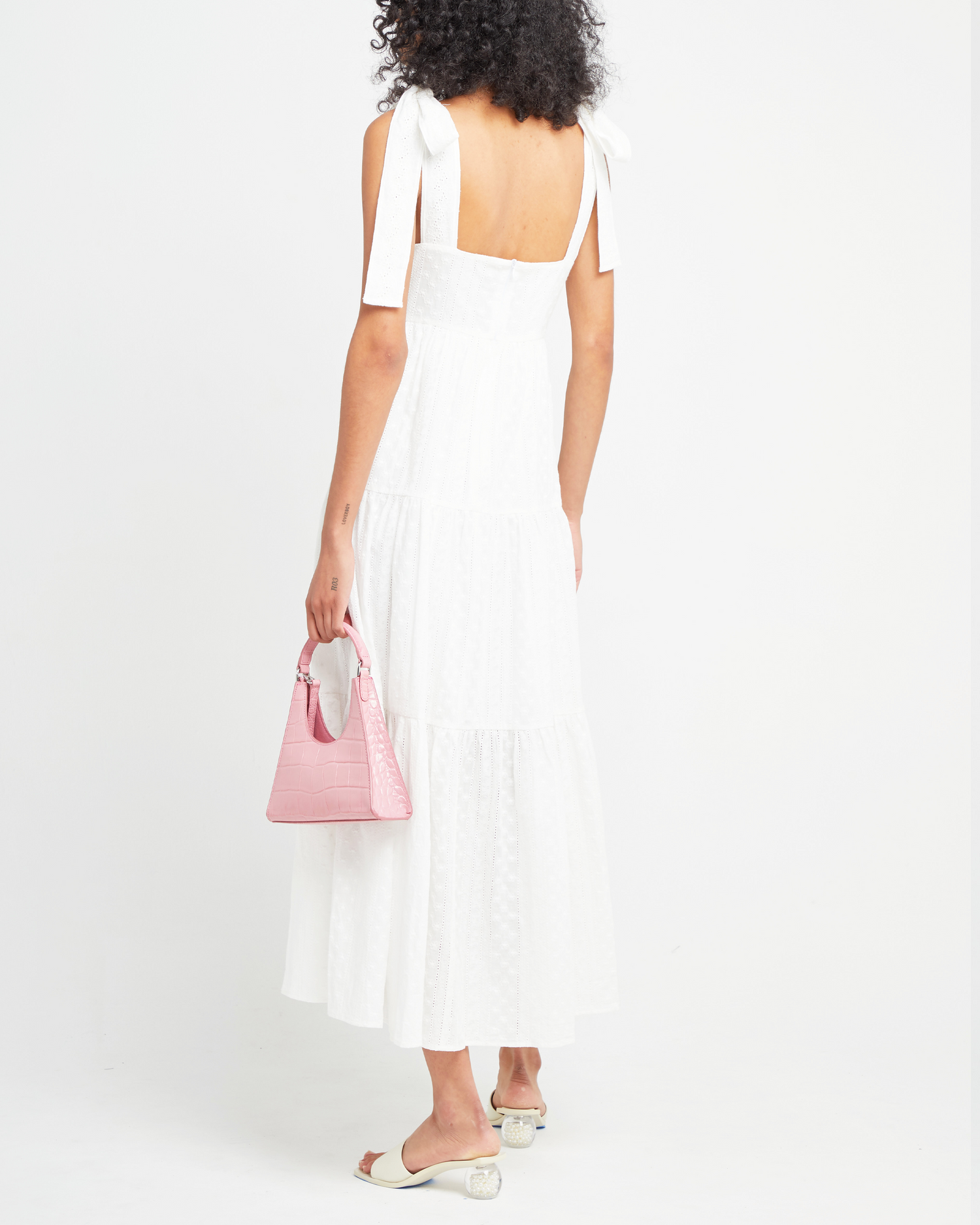 Sixth image of Cotton Artemis Dress, a white midi dress, lace material, eyelet, tie straps, ribbon, tank