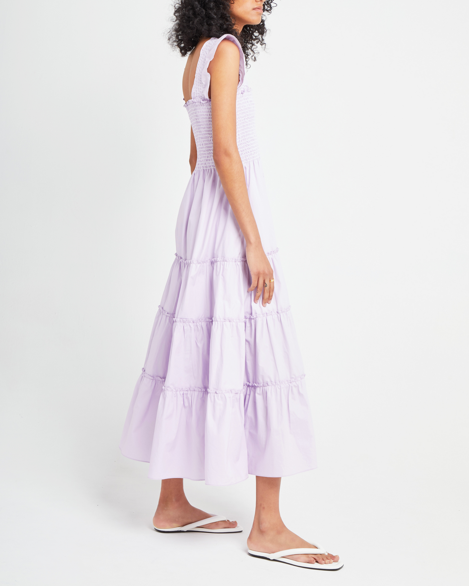 Third image of Calypso Maxi Dress, a purple maxi dress, ruffle cap sleeves, smocked bodice