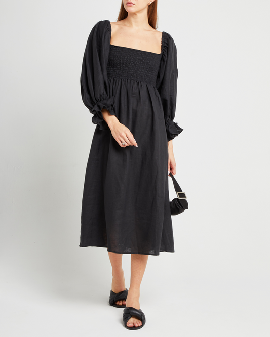 Third image of Athena Dress, a black midi dress, off shoulder, long sleeve, puff sleeves, smocked