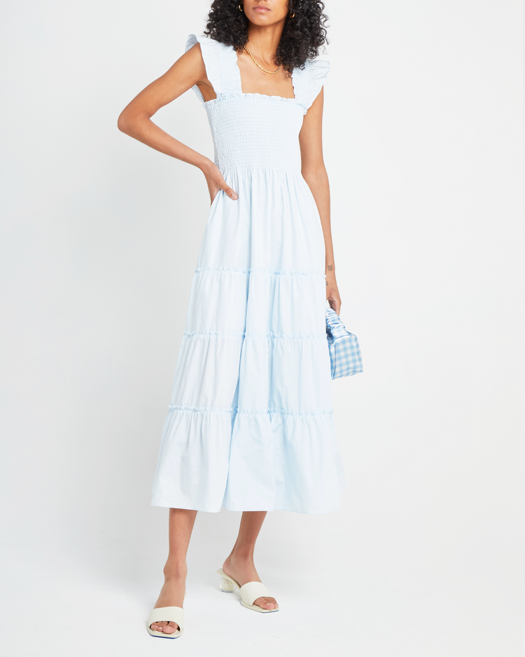 Fifth image of Calypso Maxi Dress, a blue maxi dress, ruffle cap sleeves, smocked bodice