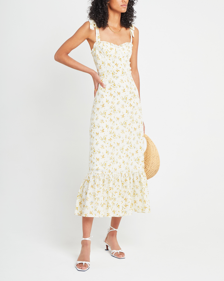 Fifth image of Toile de Jouy Dress, a yellow midi dress,  ribbons, tie straps, chiffon, bodice, ruffle