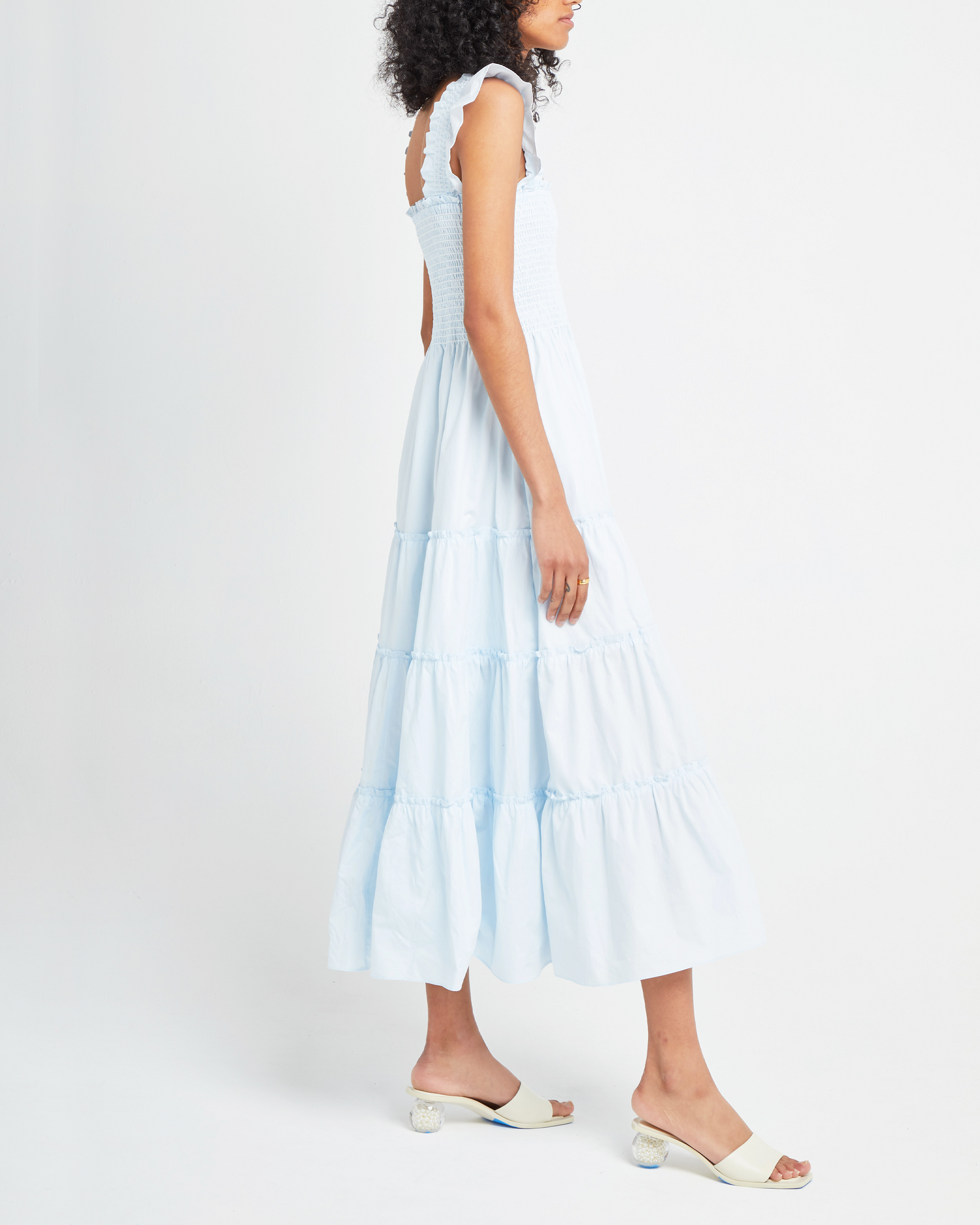 Sixth image of Calypso Maxi Dress, a blue maxi dress, ruffle cap sleeves, smocked bodice