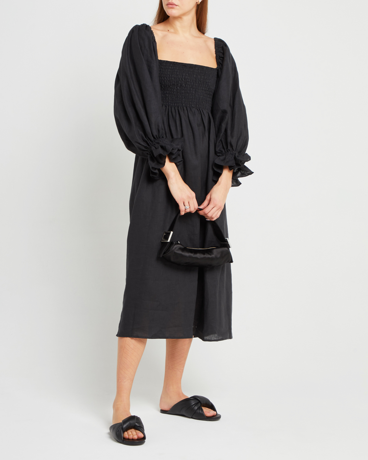 Sixth image of Athena Dress, a black midi dress, off shoulder, long sleeve, puff sleeves, smocked