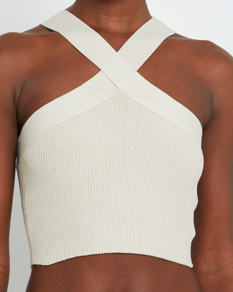 Sculpting Knit Criss Cross Cropped Halter Tank