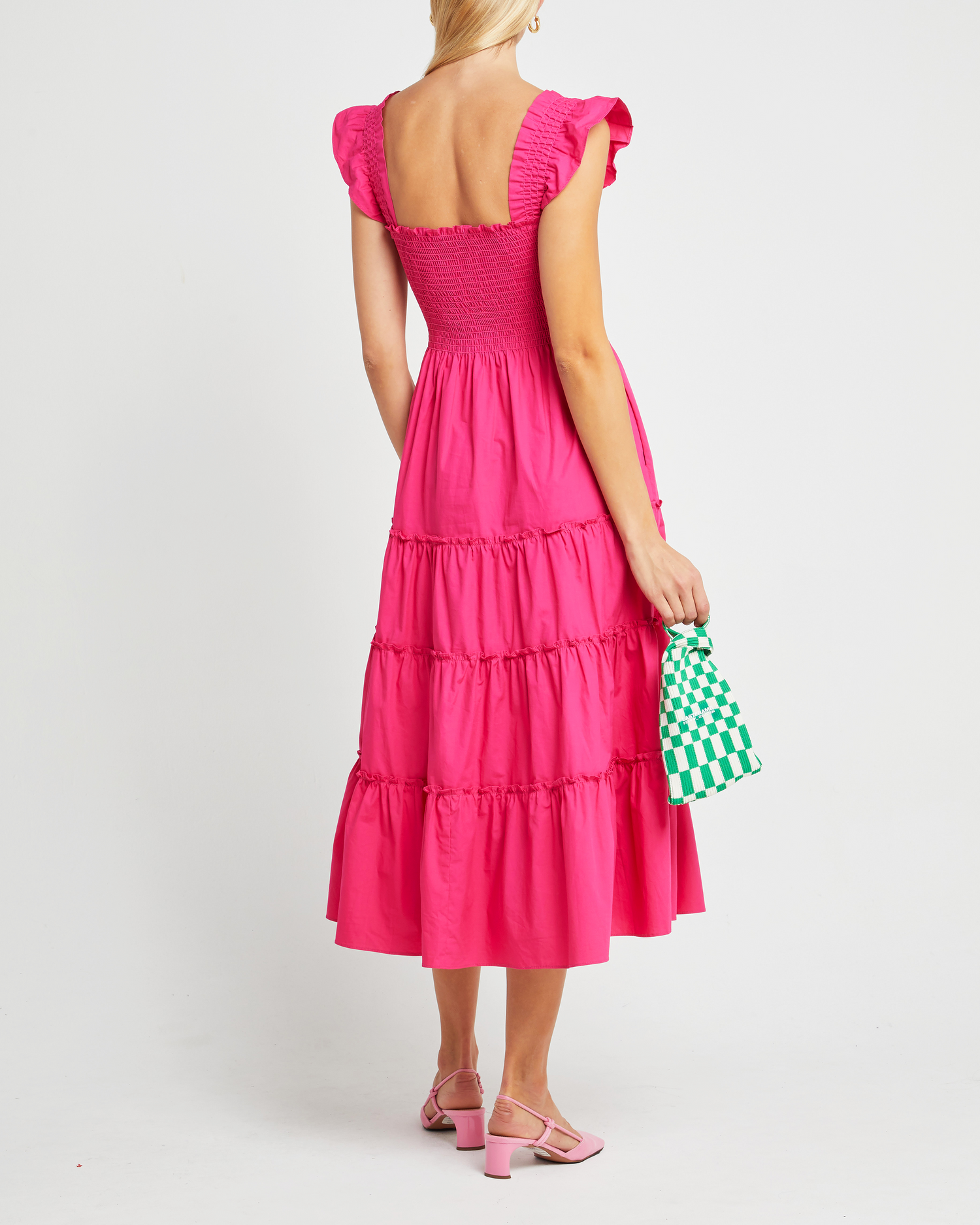 Fourth image of Calypso Maxi Dress, a pink maxi dress, ruffle cap sleeves, smocked bodice