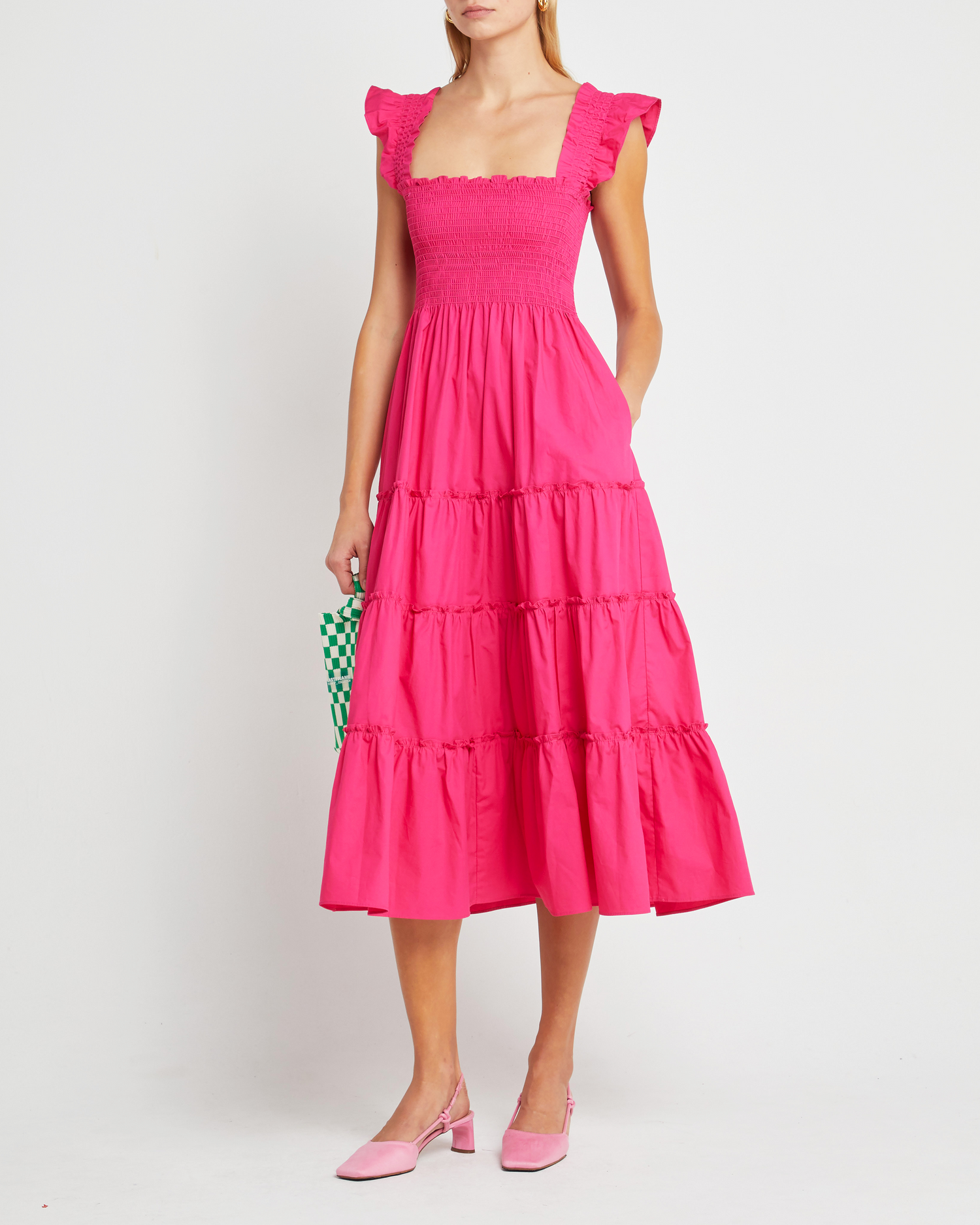 Fifth image of Calypso Maxi Dress, a pink maxi dress, ruffle cap sleeves, smocked bodice