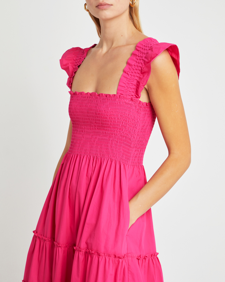 Sixth image of Calypso Maxi Dress, a pink maxi dress, ruffle cap sleeves, smocked bodice