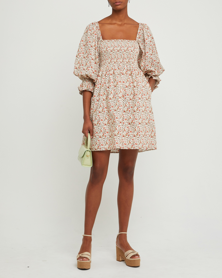 Fourth image of Portia Mini Dress, a white mini dress, puff sleeves, smocked, square neckline