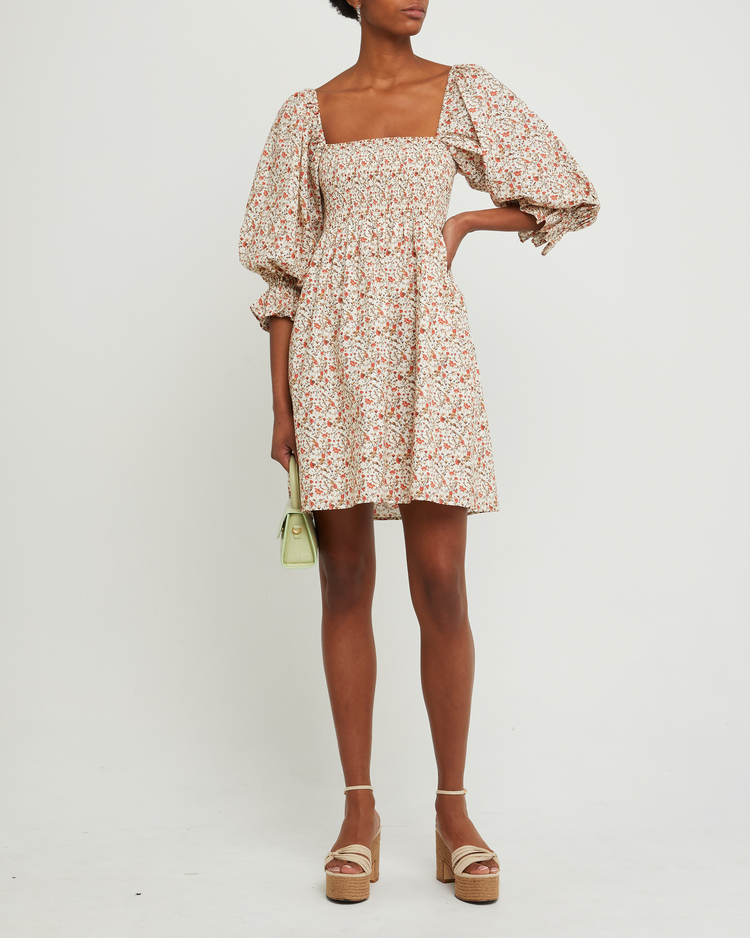 Fifth image of Portia Mini Dress, a white mini dress, puff sleeves, smocked, square neckline