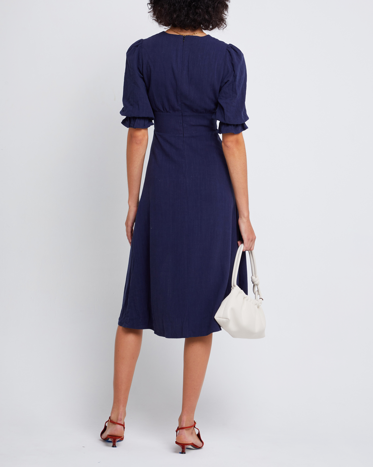 Second image of Julien Dress, a blue midi dress, V-neck, plunge neck, 3/4 sleeves, puff sleeves, side slit, front buttons