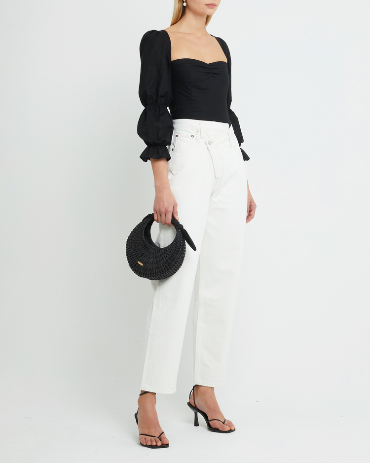 Fourth image of Francesca Top, a black puff sleeve top, sweetheart neckline, puff sleeve, long sleeve, cap sleeve