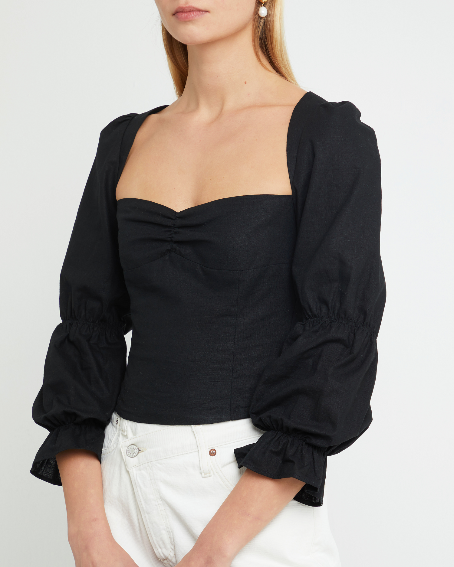 Sixth image of Francesca Top, a black puff sleeve top, sweetheart neckline, puff sleeve, long sleeve, cap sleeve