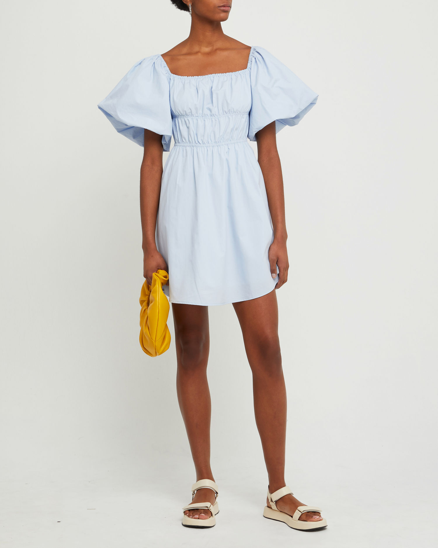 Fourth image of Leanna Cotton Dress, a blue mini dress, puff sleeves, gathered bodice, short sleeve