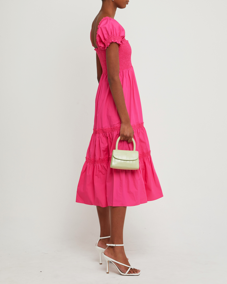 Third image of Square Neck Smocked Maxi Dress, a pink maxi dress, smocked, puff sleeves, short sleeves