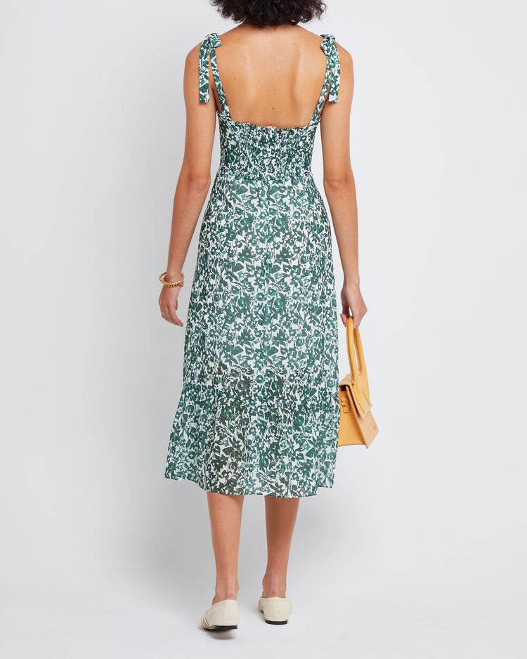 Second image of Toile de Jouy Dress, a green midi dress, ribbon strap, tie, bow, chiffon, floral