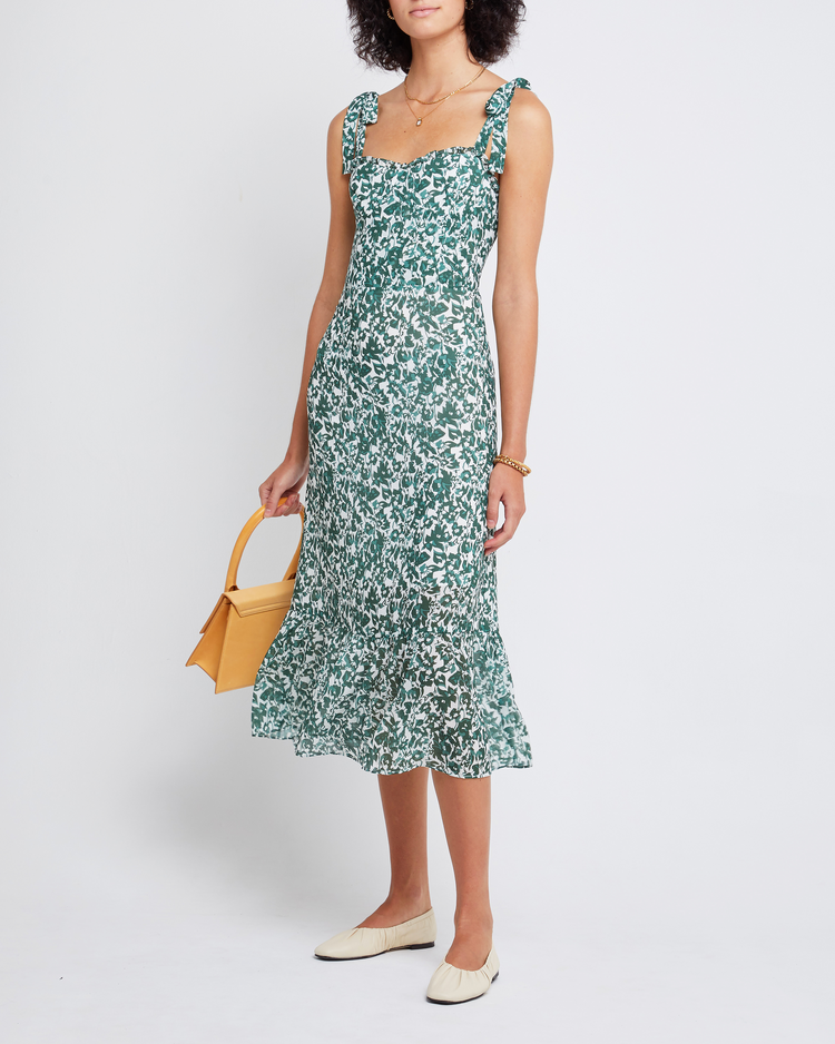 Fourth image of Toile de Jouy Dress, a green midi dress, ribbon strap, tie, bow, chiffon, floral