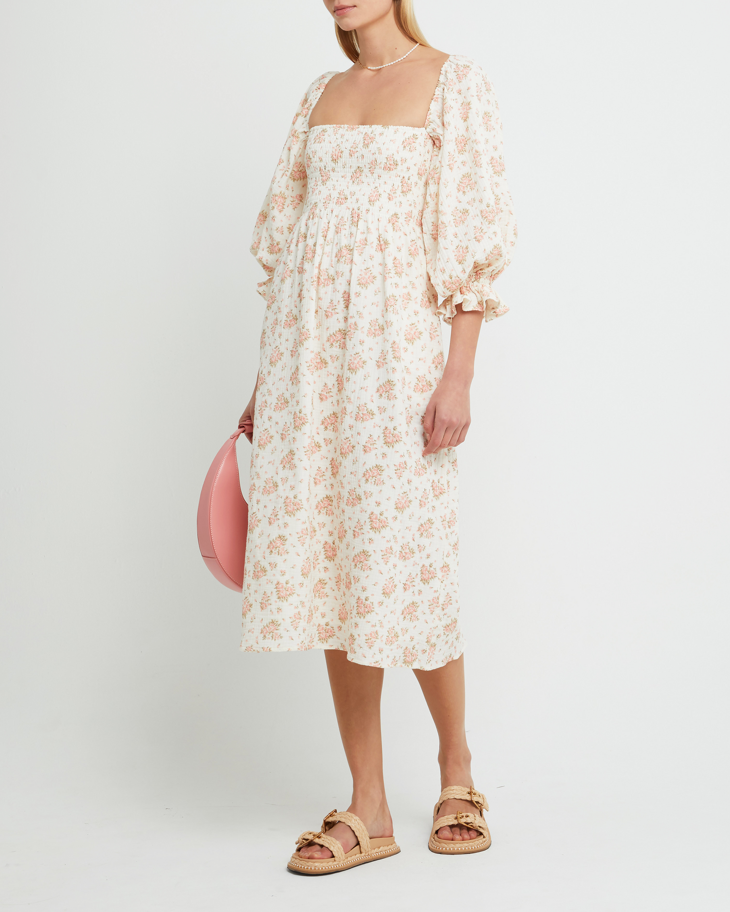 Fourth image of Athena Dress, a pink midi dress, off shoulder, long sleeve, puff sleeves, smocked