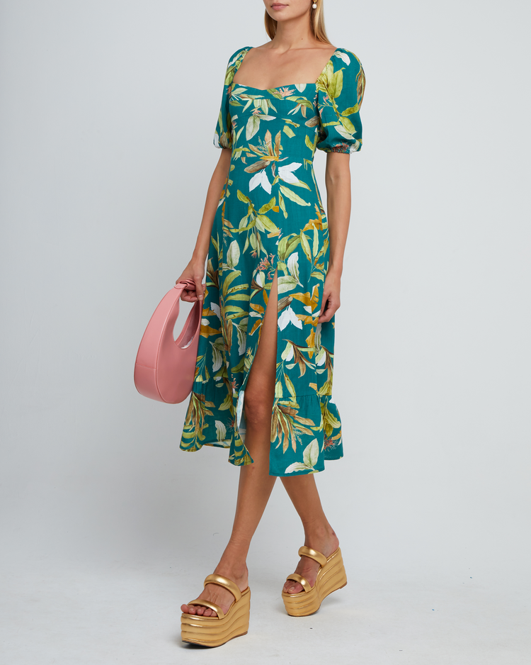 Fourth image of Violetta Midi Dress, a green midi dress, sweetheart neckline, short sleeves, puff sleeves, side slit, tropical print, floral