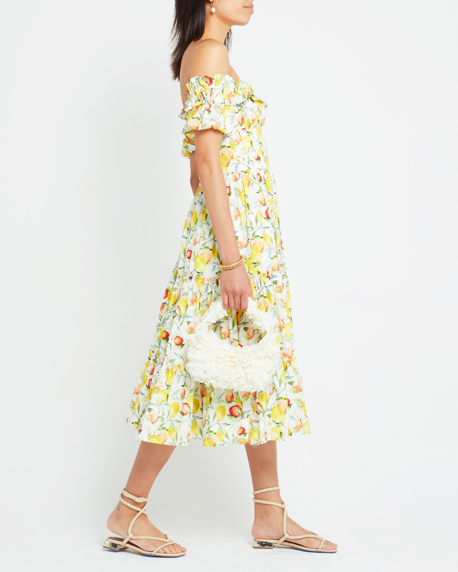 Third image of Allegra Dress, a midi dress, fruit print, off the shoulder, ruffle, puff sleeve