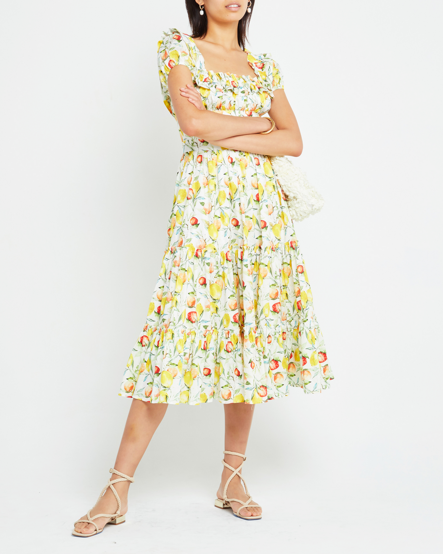 Fourth image of Allegra Dress, a midi dress, fruit print, off the shoulder, ruffle, puff sleeve