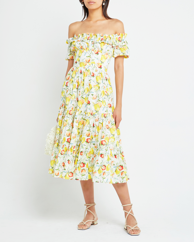 Fifth image of Allegra Dress, a midi dress, fruit print, off the shoulder, ruffle, puff sleeve