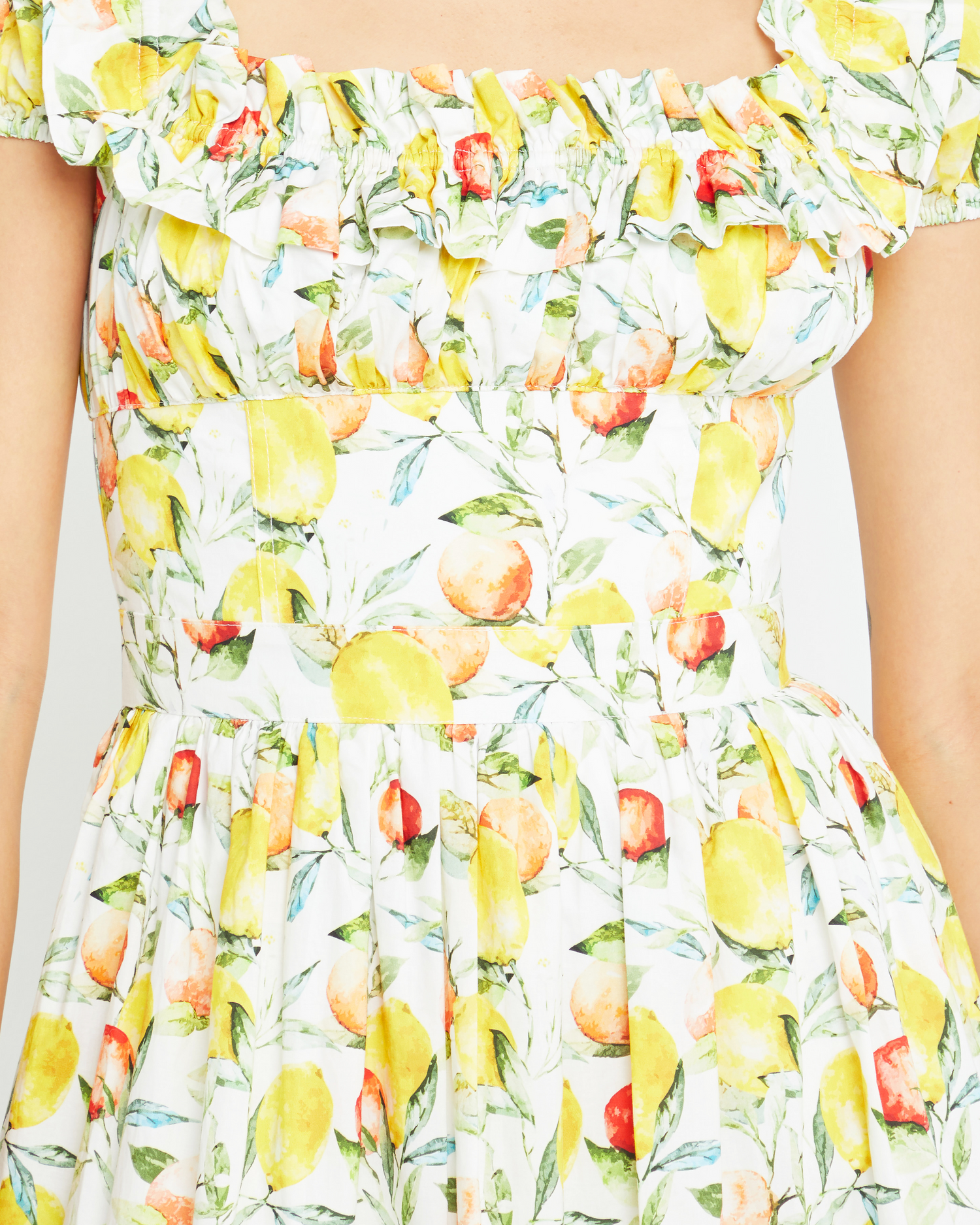 Sixth image of Allegra Dress, a midi dress, fruit print, off the shoulder, ruffle, puff sleeve