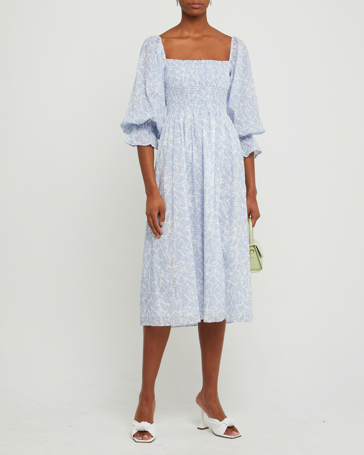 Fourth image of Sofija Dress, a blue midi dress, side slit, square neckine, smocked, puff sleeves