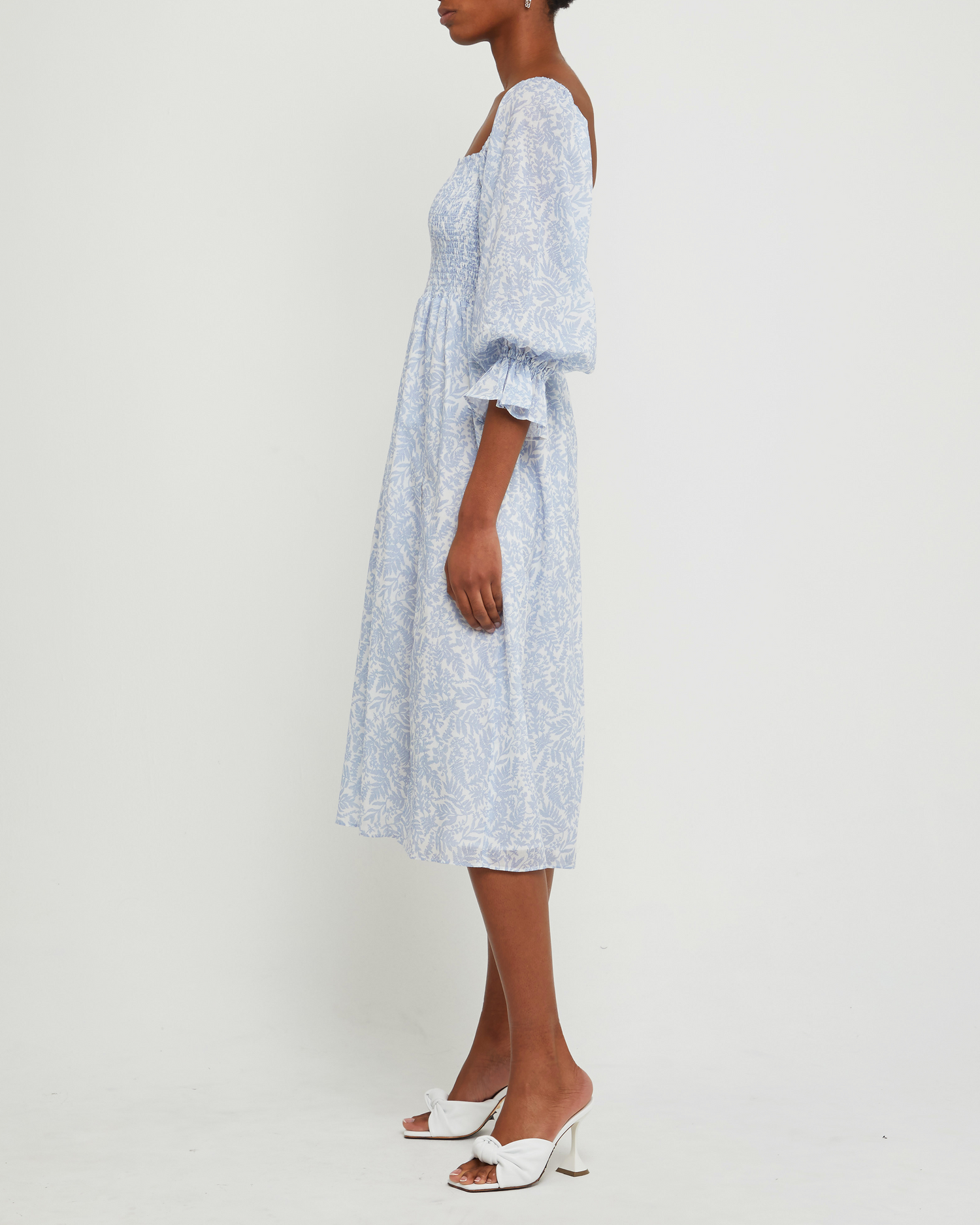 Fifth image of Sofija Dress, a blue midi dress, side slit, square neckine, smocked, puff sleeves