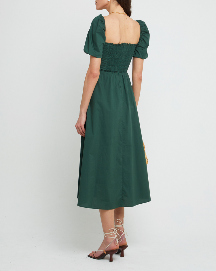 Fifth image of River Dress, a green midi dress, square neckline, short puff sleeves, gathered bodice