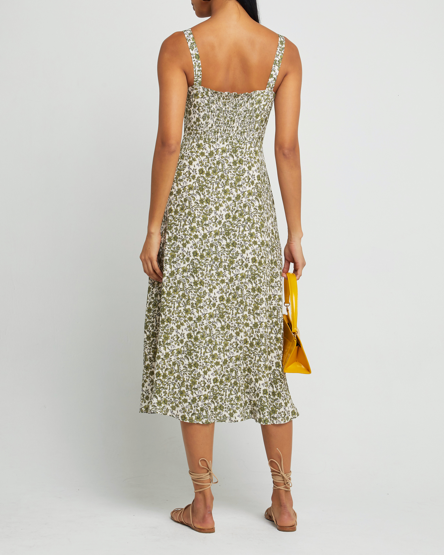 Second image of Juliette Dress, a green midi dress, floral, tank, slip, spaghetti strap