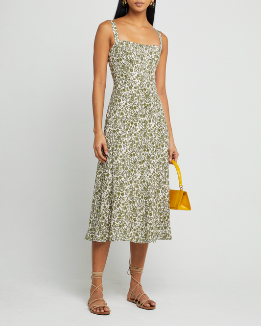 First image of Juliette Dress, a green midi dress, floral, tank, slip, spaghetti strap