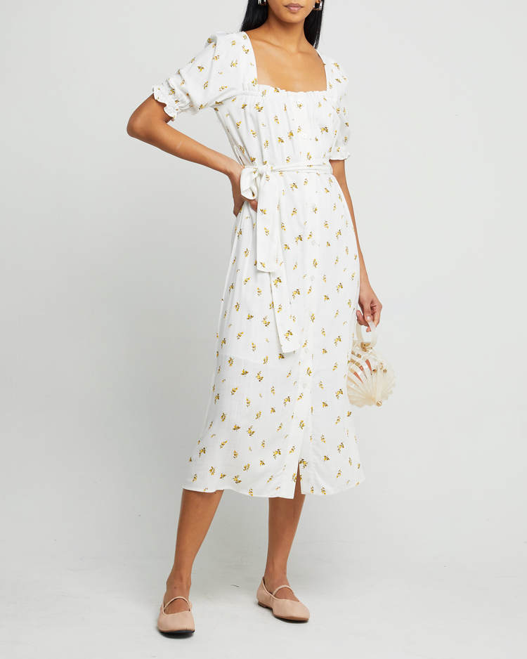 Fourth image of Juni Dress, a white maxi dress, short sleeve, waist tie, white print