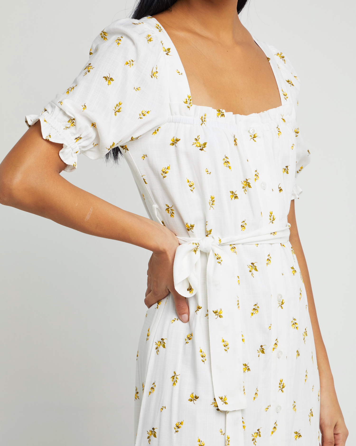 Sixth image of Juni Dress, a white maxi dress, short sleeve, waist tie, white print