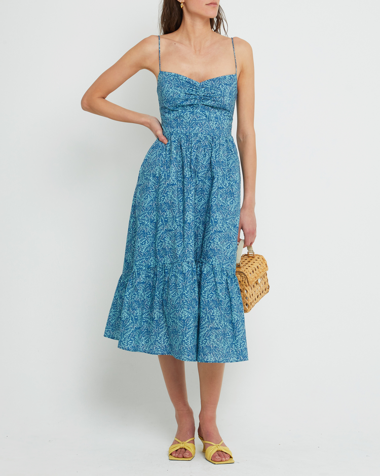 Fourth image of Momo Dress, a blue midi dress, sweatheart neckline, spaghetti straps, floral