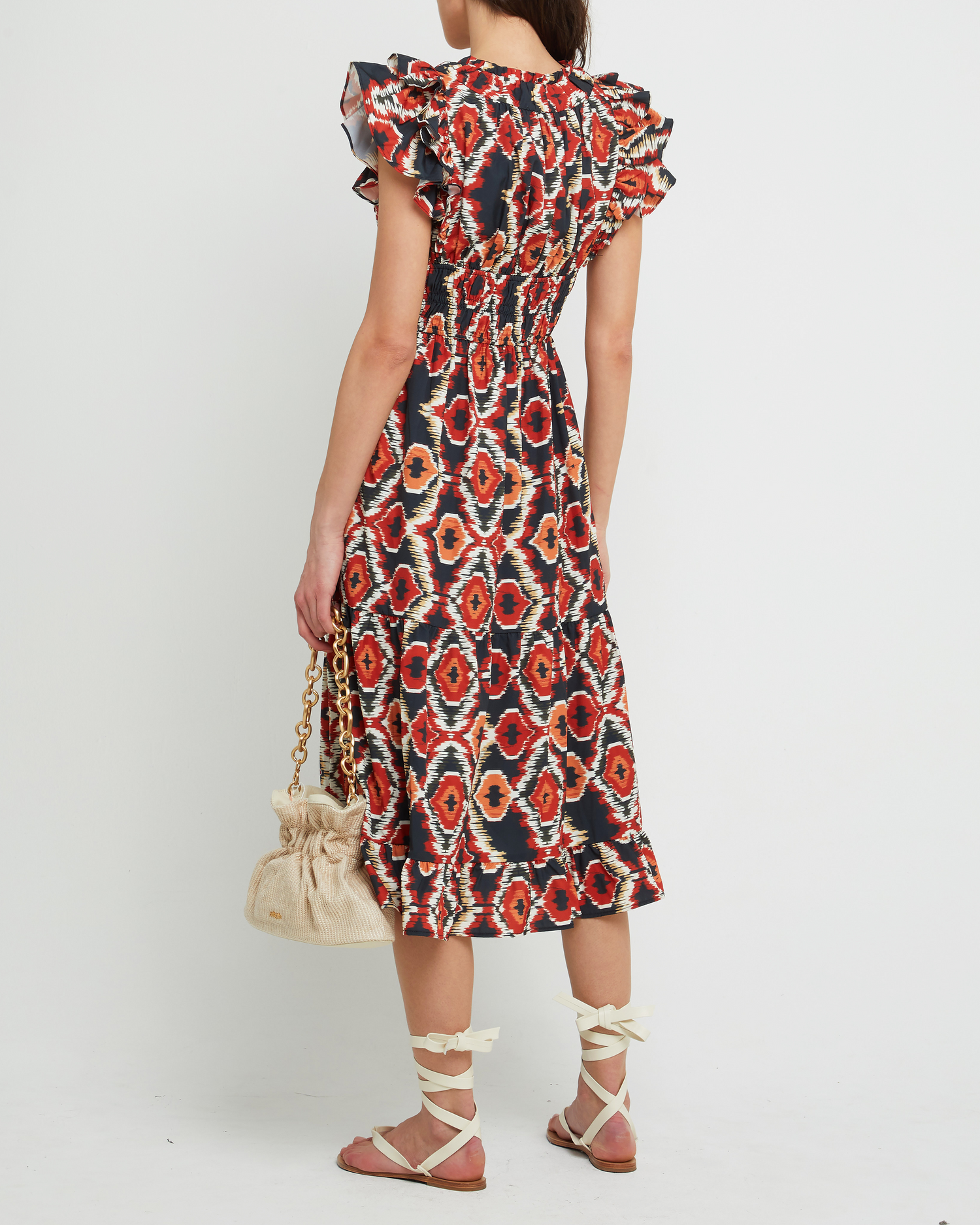 Second image of Viansa Dress, a red maxi dress, print, bold, ruffle sleeves, cap sleeves, V-neck