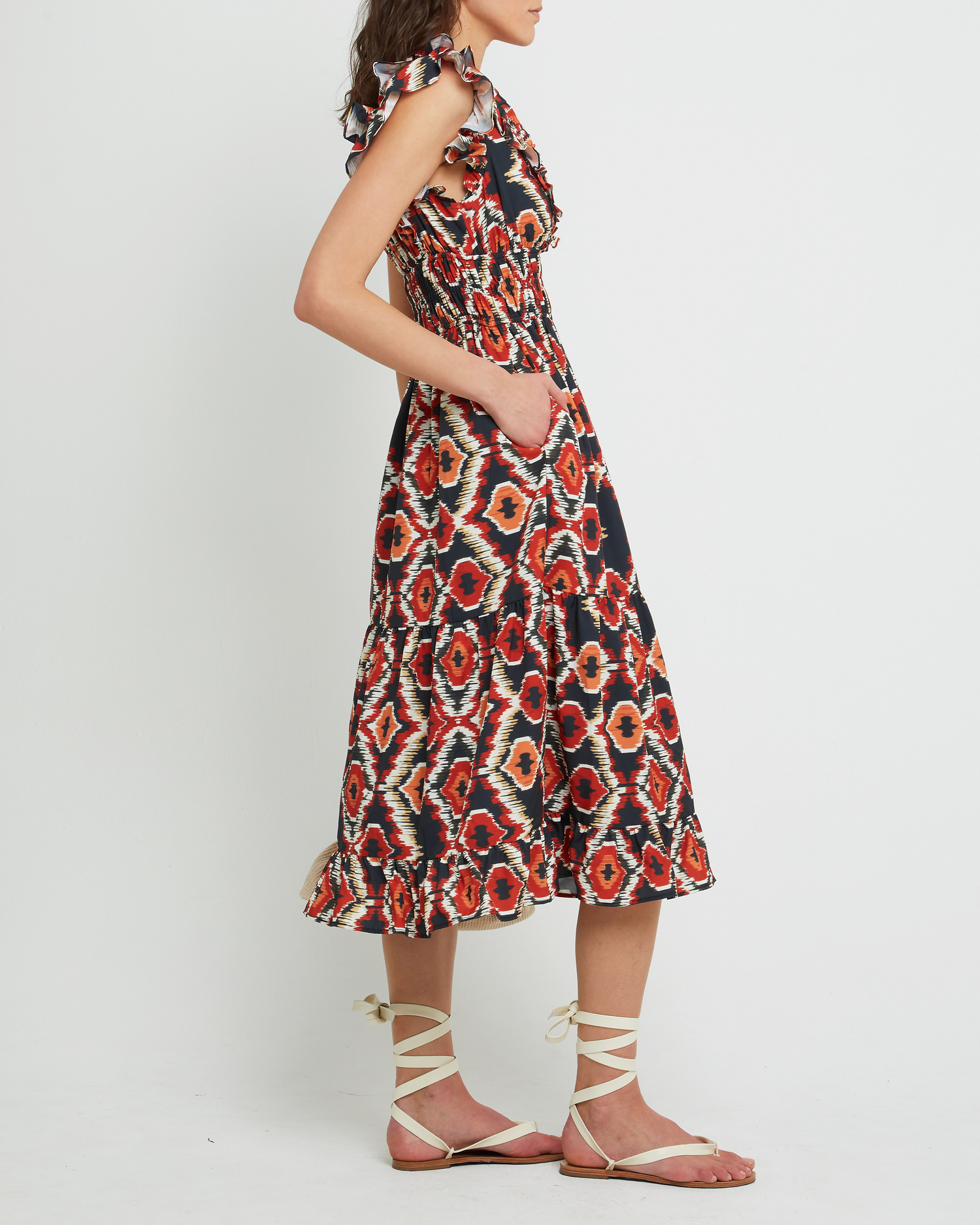 Third image of Viansa Dress, a red maxi dress, print, bold, ruffle sleeves, cap sleeves, V-neck