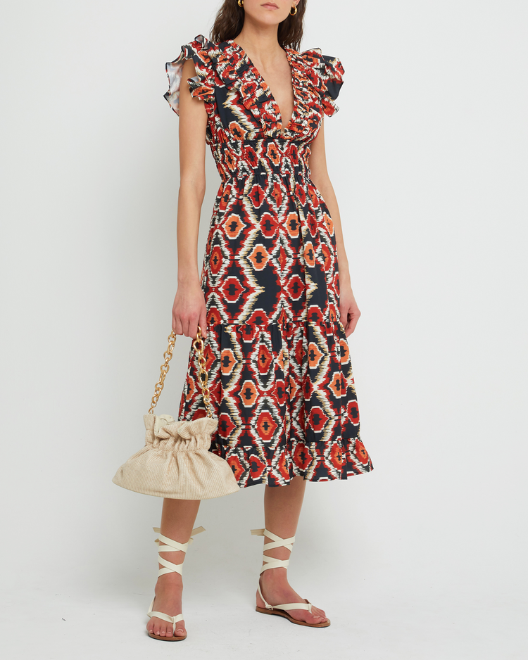 Fourth image of Viansa Dress, a red maxi dress, print, bold, ruffle sleeves, cap sleeves, V-neck