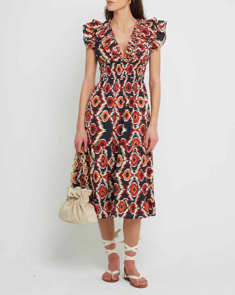 Fifth image of Viansa Dress, a red maxi dress, print, bold, ruffle sleeves, cap sleeves, V-neck