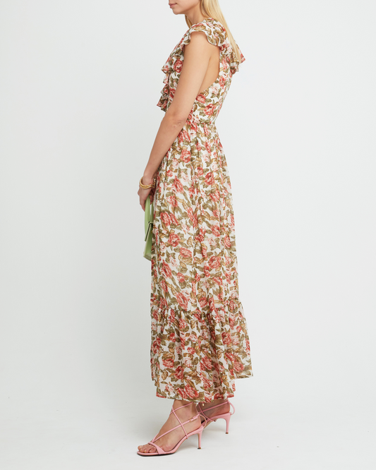 Third image of Shea Maxi Dress, a floral wedding guest dress with high side slit, flutter ruffle sleeves, v-neckline, tiered skirt, cinched waistline, side zipper, and lining